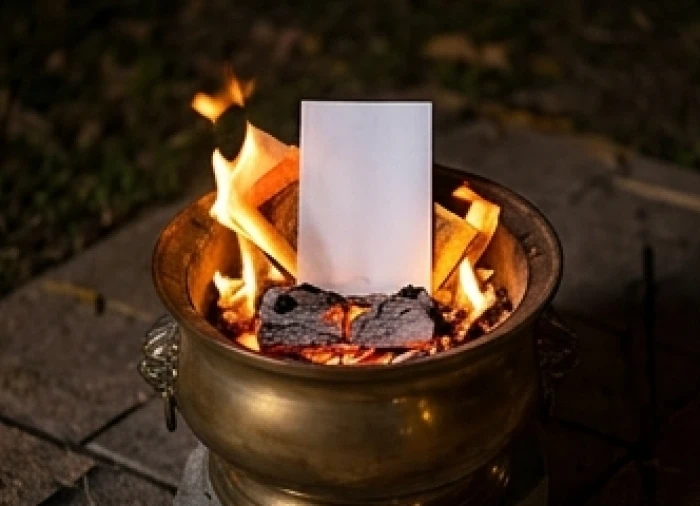 Gia chủ đem bài vị và tiền vàng đốt trong chiếc lư đồng chuyên dụng để đảm bảo an toàn tuyệt đối sau khi nhang đã tàn