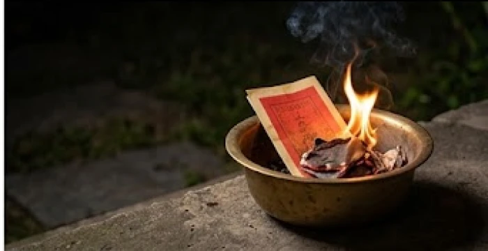 Nghi thức hóa vàng mã và bài vị sau khi hoàn tất buổi lễ cúng giải hạn sao vân hán chiếu mệnh tại gia đình
