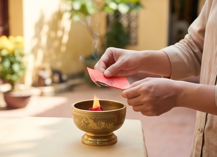 Người thực hiện nghi thức hóa tàn hương và giấy tiền vàng bạc sau khi làm lễ cúng
