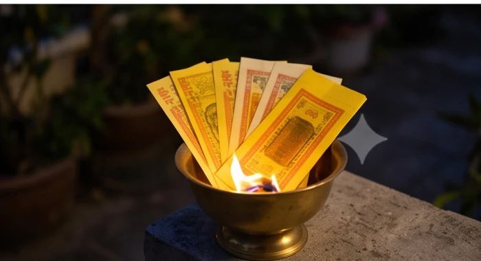 Nghi thức hóa vàng giấy tiền mã cùng bài vị màu vàng sau khi nhang trên mâm cúng cháy được hai phần ba