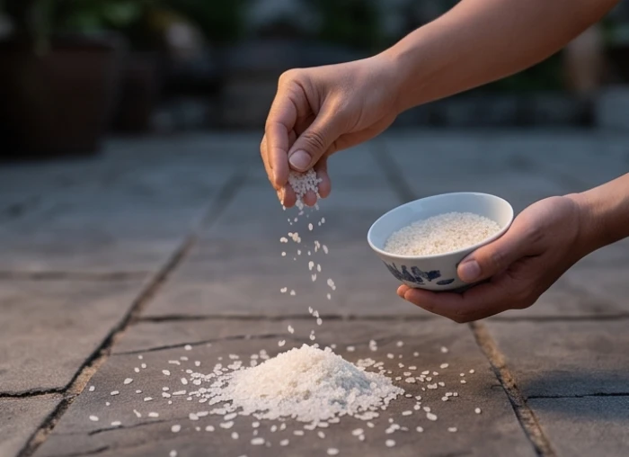 Đôi bàn tay rắc muối gạo ra phía trước hiên nhà sau khi hoàn tất nghi thức