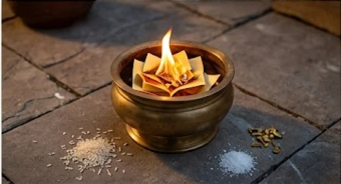 Khay hóa vàng mã bằng đồng đang cháy gọn gàng sau khi hoàn tất tạ lễ cúng sao giải hạn tại gia