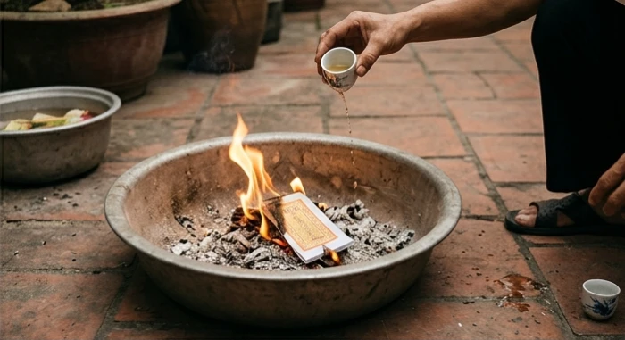 Hóa tờ bài vị giấy trên một chiếc thau nhôm nhỏ với ngọn lửa cháy đượm báo hiệu nghi thức hoàn tất