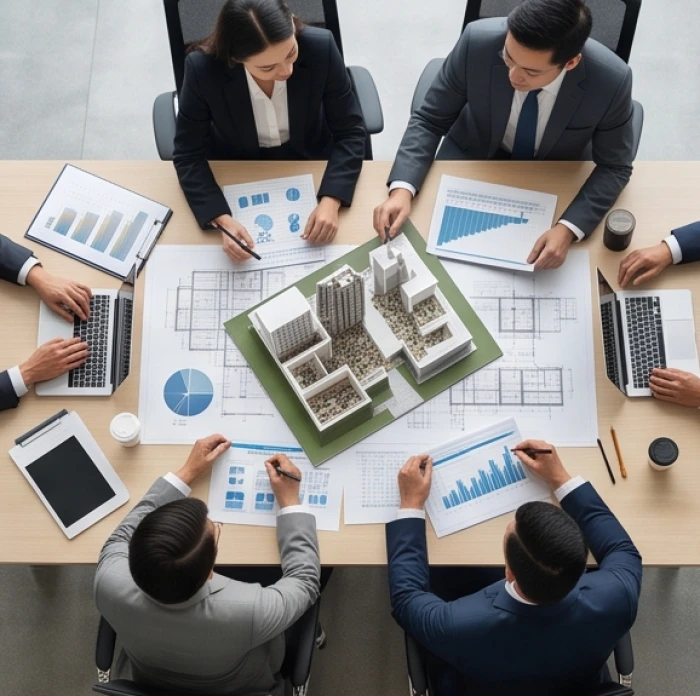 Chuyên gia tư vấn quy hoạch đô thị thảo luận mô hình chiến lược vĩ mô trong văn phòng kiến trúc hiện đại