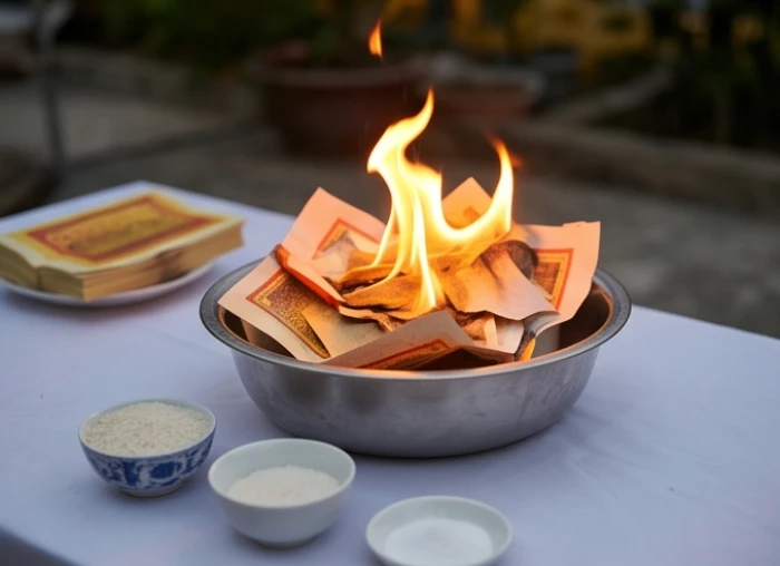 Đương số cẩn thận hóa vàng bài vị và rải gạo muối hoàn tất nghi thức cúng giải hạn