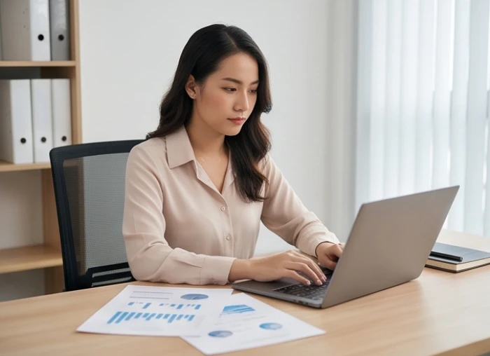 Nhân sự quản lý kiểm tra các biểu đồ tài chính trên máy tính xách tay để hoàn tất báo cáo trước thời hạn