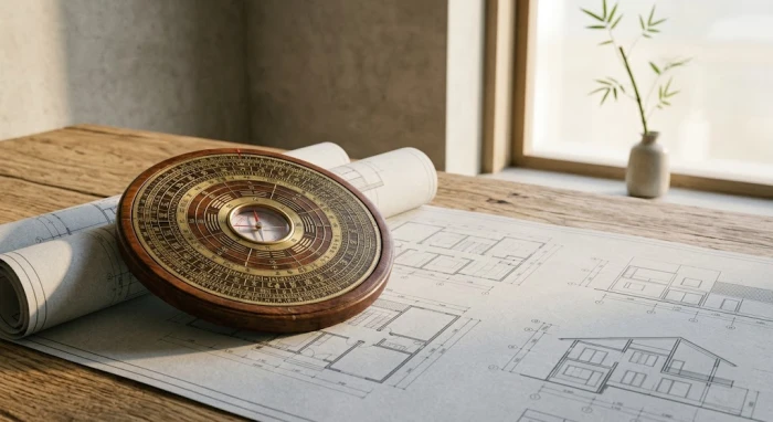 La bàn phong thủy và bản vẽ kiến trúc minh họa cho khái niệm hoang ốc là gì khi xem tuổi làm nhà của người Việt