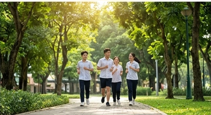 Nhóm học sinh nam và nữ vui vẻ chạy bộ rèn luyện sức khỏe dưới công viên tràn ngập cây xanh
