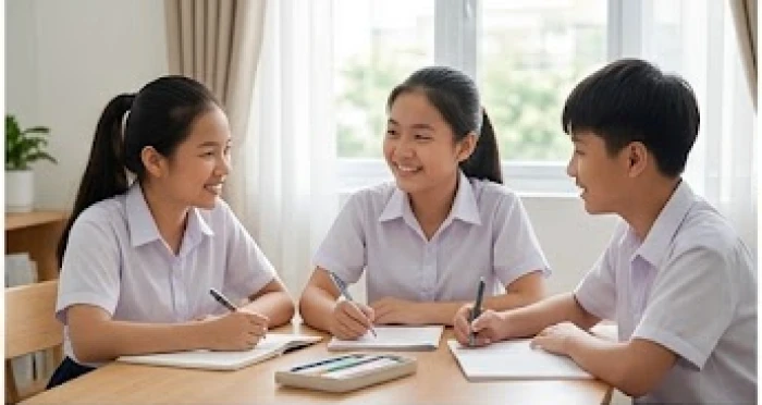 Nhóm bạn học sinh cùng nhau thảo luận bài tập vui vẻ tại bàn học nhóm trong phòng sách