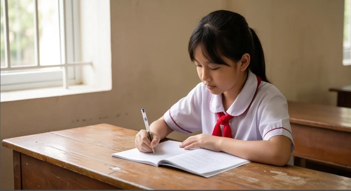 Học sinh 12 tuổi ngồi học bài trong không gian yên tĩnh với tư thế ngồi chuẩn để bảo vệ xương khớp