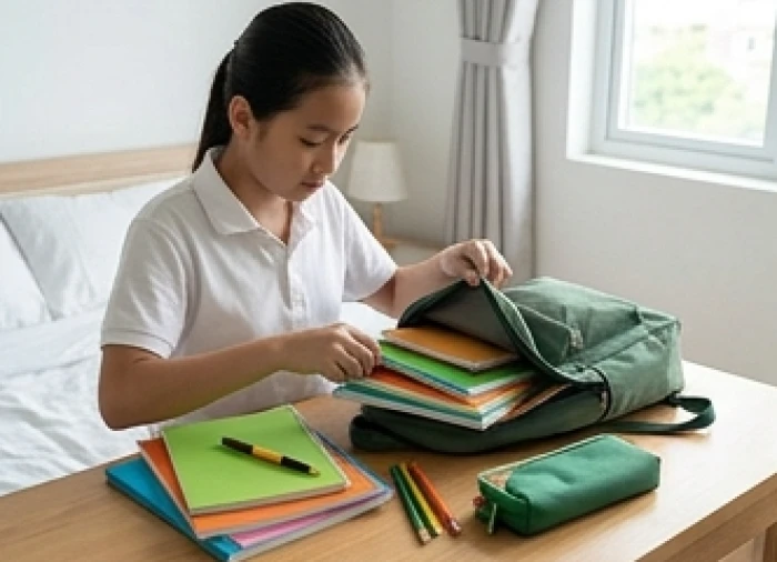 Học sinh lớp sáu đang cẩn thận sắp xếp sách vở và đồ dùng vào cặp sách trước khi đến trường