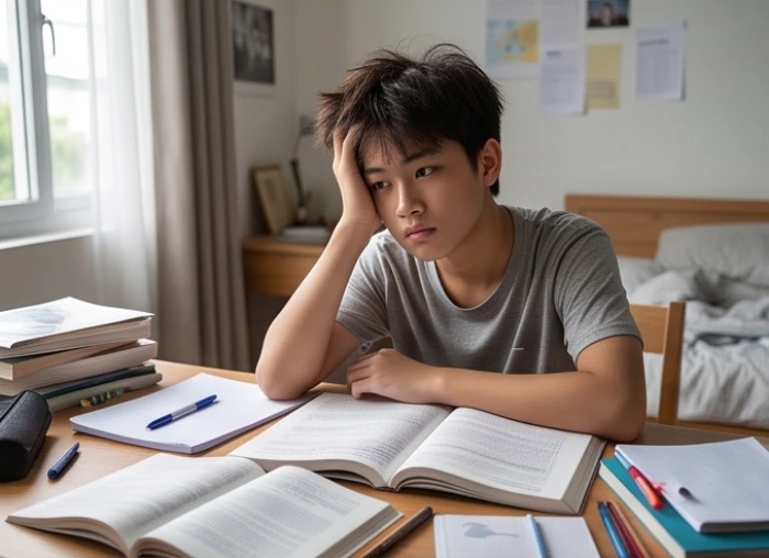 Học sinh nam 15 tuổi mệt mỏi và xao nhãng khi ngồi làm bài tập ôn thi chuyển cấp tại bàn học