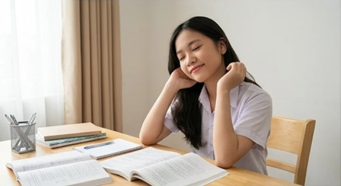 Nữ sinh nhắm mắt thư giãn giữa giờ ôn tập giúp xoa dịu áp lực tâm lý và giảm căng thẳng