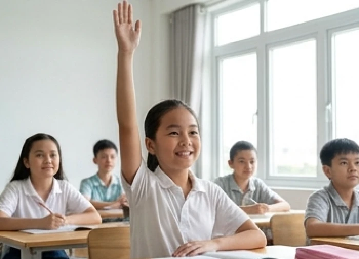 Bé gái hào hứng giơ tay phát biểu ý kiến trong lớp học với nụ cười rạng rỡ và sự tự tin