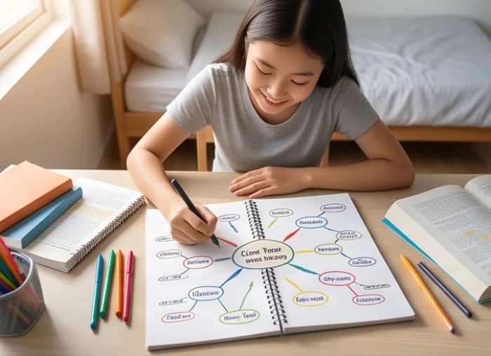 Nữ sinh tuổi Nhâm Thìn tự tin lập sơ đồ tư duy ôn luyện môn xã hội bên bàn học gọn gàng
