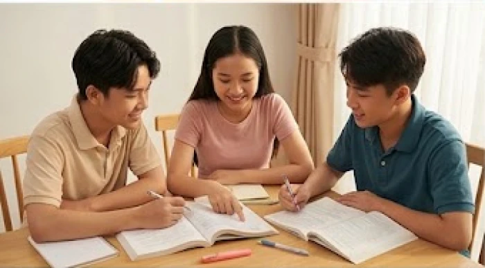 Nhóm ba học sinh lớp 9 cùng nhau thảo luận bài tập ôn thi chuyển cấp tại bàn học