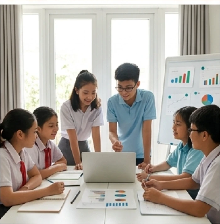 Nhóm học sinh đang tự tin thảo luận và làm việc cùng nhau trên laptop tại một buổi ngoại khóa công nghệ