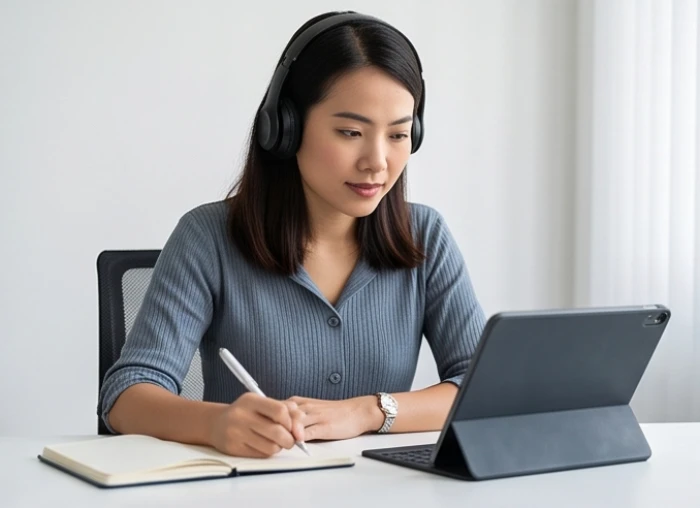 Nữ nhân viên chuyên tâm tham gia khóa học nâng cao nghiệp vụ phát triển sự nghiệp tuổi ngọ