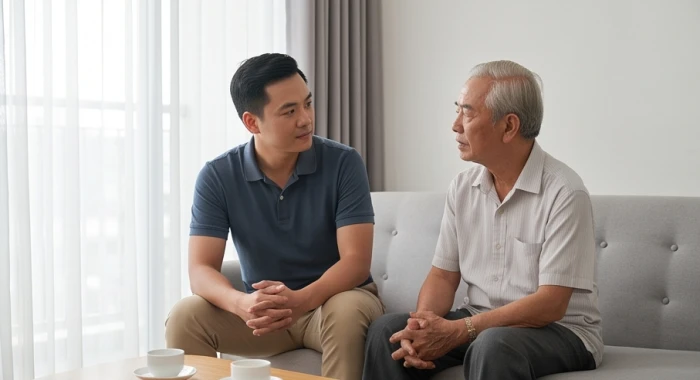Người con trai trưởng thành ngồi cạnh lắng nghe lời khuyên từ người cha lớn tuổi