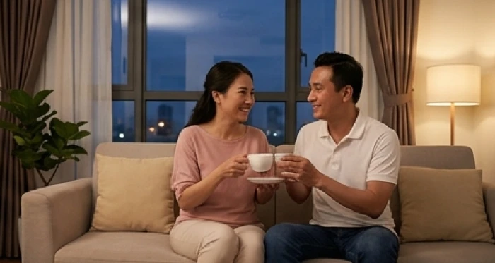 Gia đình nam Giáp Tý 1984 sum vầy ấm cúng bên bàn trà trong phòng khách hiện đại thể hiện gia đạo hòa thuận