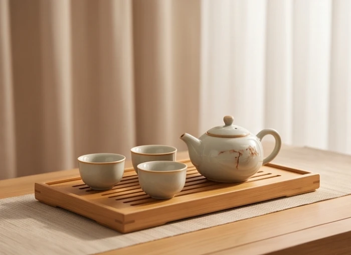 Bàn trà gia đình mang vẻ ấm cúng với những tách trà bằng gốm sứ tinh tế, thể hiện sự bình yên và hạnh phúc trong hôn nhân