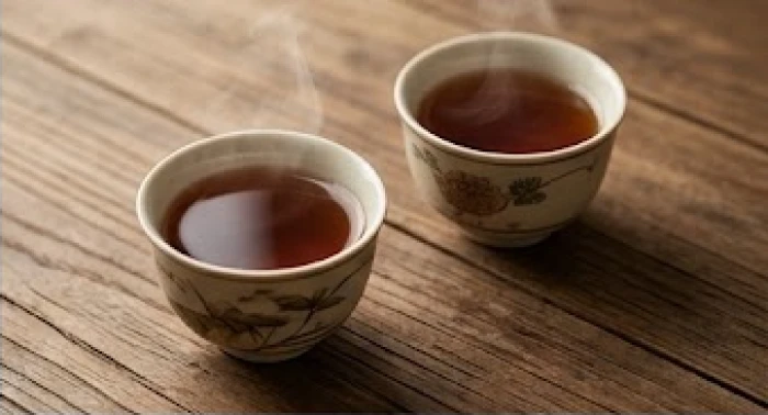 Hai tách trà nóng đặt cạnh nhau trên chiếc bàn gỗ mộc mạc tượng trưng cho sự gắn kết và bình yên trong gia đạo