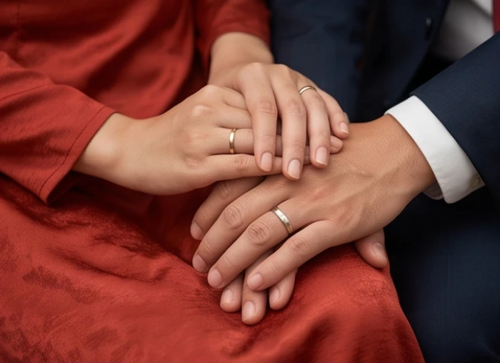 Đôi bàn tay đan vào nhau cùng cặp nhẫn cưới trên nền vải lụa đỏ truyền thống mộc mạc