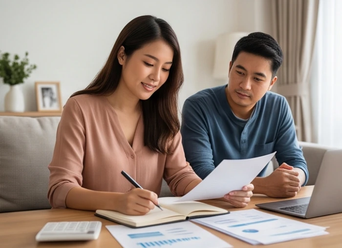 Người phụ nữ tháo vát đang cẩn thận lên kế hoạch tài chính cho gia đình bên cạnh người bạn đời của mình
