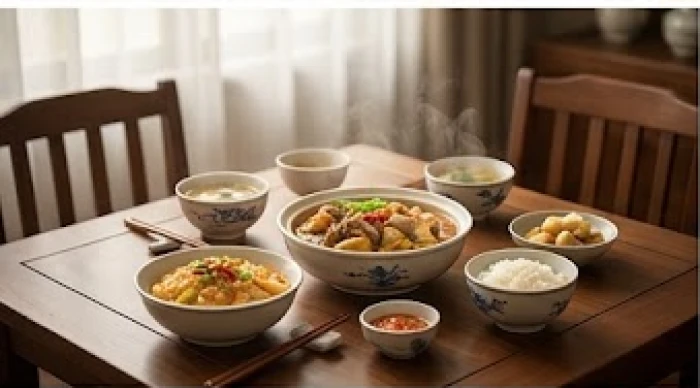 Mâm cơm gia đình ấm cúng với các món ăn truyền thống được bày biện gọn gàng trên bàn gỗ