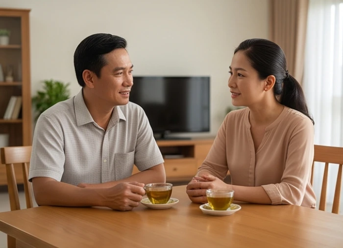Cặp vợ chồng ngồi uống trà trò chuyện cởi mở trong phòng khách gia đình yên ấm giúp tháo gỡ bất đồng