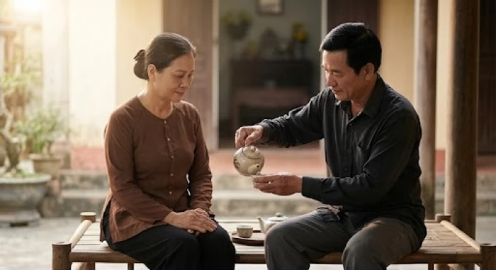 Vợ chồng cùng chia sẻ một tách trà để làm dịu bầu không khí căng thẳng trong gia đình
