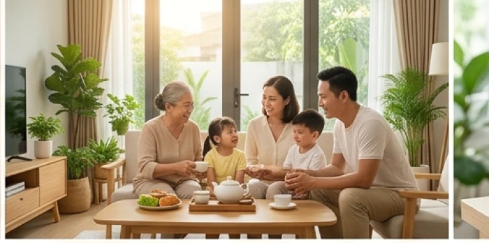 Gia đình trẻ tuổi Đinh Mão 1987 quây quần hạnh phúc trong không gian phòng khách ấm cúng đón sinh khí