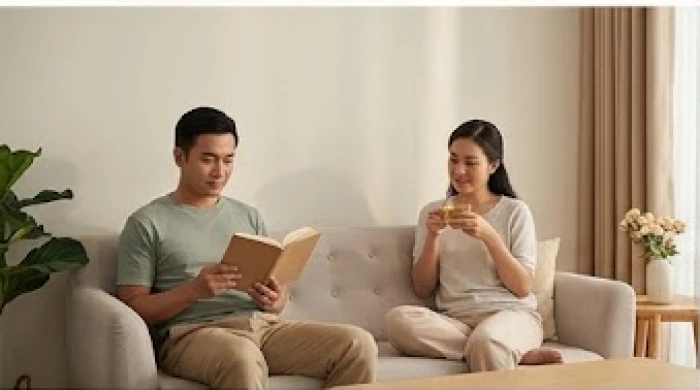 Người vợ thảnh thơi đọc sách uống trà trong khi người chồng đang tận hưởng không gian yên tĩnh