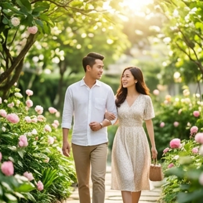 Cặp đôi vợ chồng trẻ đang dạo bước vui vẻ trong một khu vườn rực rỡ dưới ánh nắng ban mai ấm áp và trong trẻo