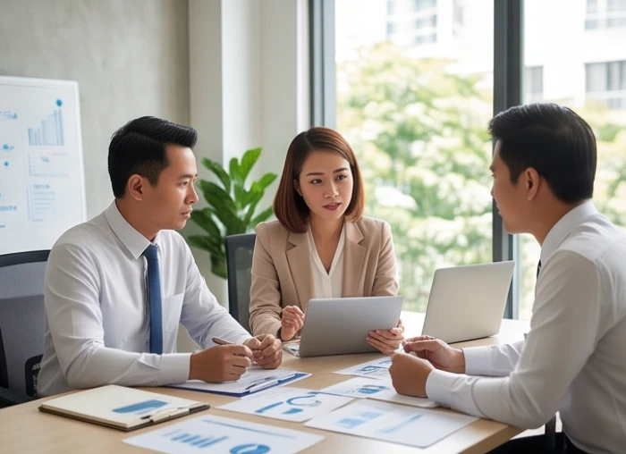 Nhóm ba người quản lý đang cùng nhau thảo luận sôi nổi về kế hoạch ra mắt sản phẩm mới tại bàn làm việc