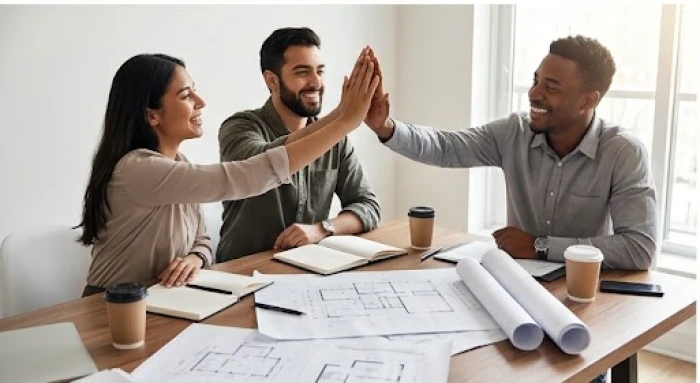 Cái đập tay đồng thuận giữa những người đồng sáng lập dự án tại không gian văn phòng