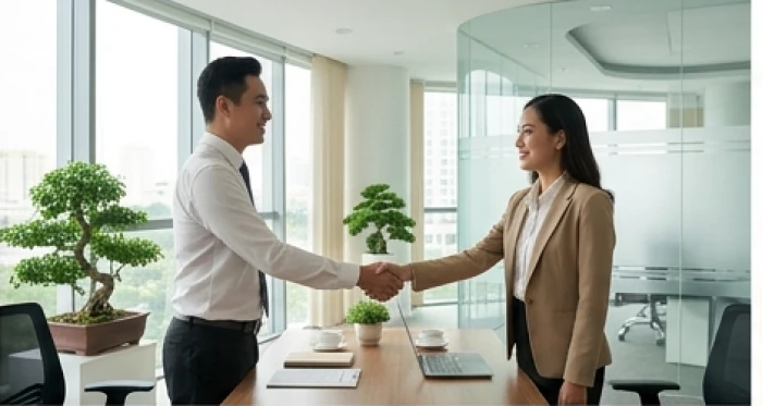 Hai đối tác kinh doanh bắt tay hợp tác bền vững tượng trưng cho quan hệ ngũ hành Thủy sinh Mộc phát triển