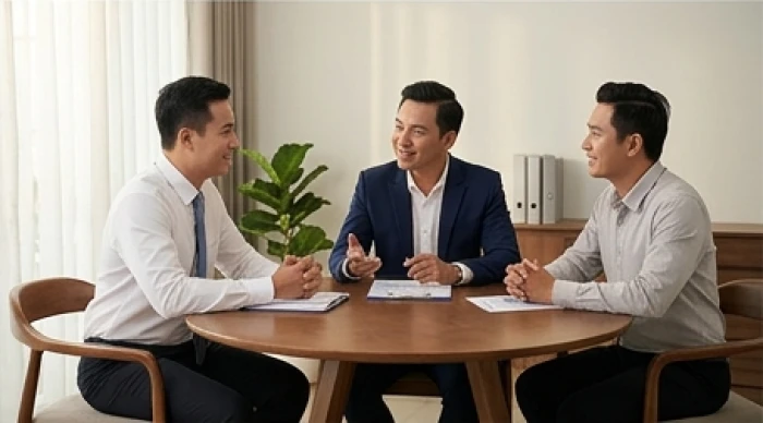Ba đối tác nam doanh nhân thảo luận chiến lược hợp tác kinh doanh theo thế chân vạc tương sinh