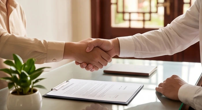 Hai người đang bắt tay ký kết hợp đồng kinh doanh trên bàn làm việc có bày trí cây xanh phong thủy