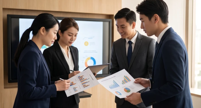 Đội ngũ nhân viên đang tập trung phân tích biểu đồ tài chính chi tiết nhằm đảm bảo an toàn đầu tư