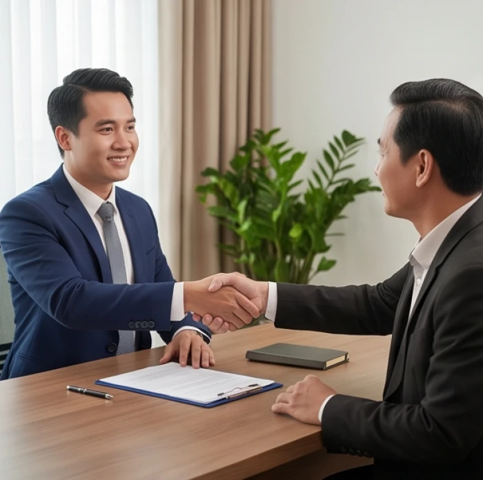 Hai doanh nhân đang ký kết hợp đồng hợp tác thành công trong phòng đàm phán sang trọng