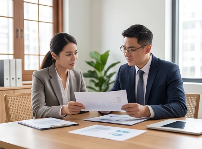 Hai doanh nhân trao đổi công việc trong không gian văn phòng thể hiện sự hợp tác ăn ý giữa các bản mệnh tương sinh
