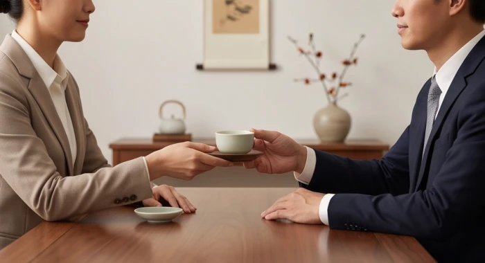 Hai người ngồi đàm phán công việc với sự bố trí bàn ghế hài hòa theo nguyên lý phong thủy