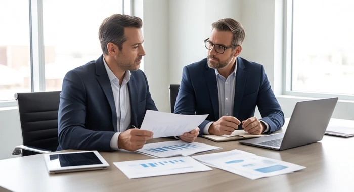 Hai đối tác kinh doanh thảo luận hợp đồng và phân chia công việc trên bàn làm việc hiện đại