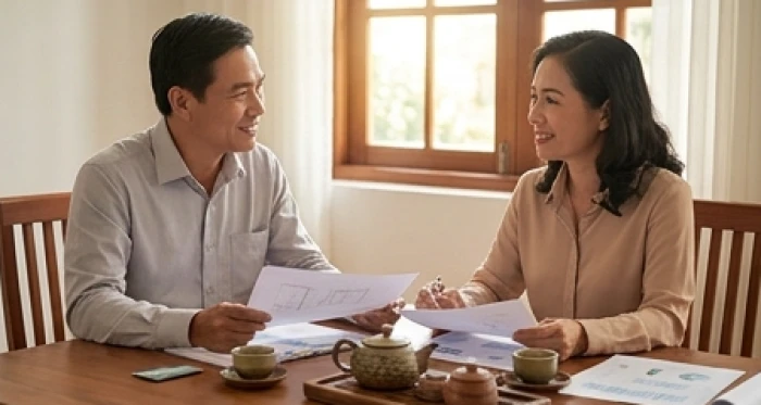 Hai doanh nhân trung niên đang vui vẻ trao đổi công việc bên bàn trà thể hiện sự thấu hiểu và hợp tác thuận lợi