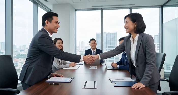 Nhóm đối tác doanh nghiệp ký kết thỏa thuận hợp tác chiến lược trong phòng họp hiện đại với sự tin cậy cao
