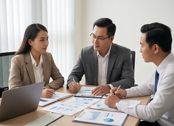 Ba đối tác thảo luận kế hoạch kinh doanh trên bàn họp chuyên nghiệp thể hiện sự phân bổ vai trò tam hợp