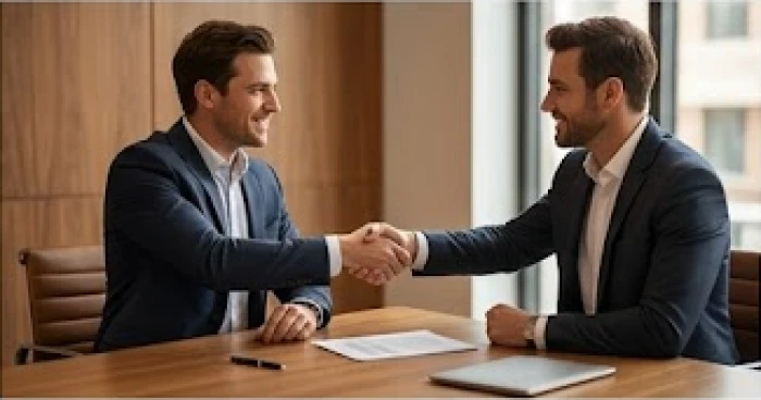 Hai đối tác đang mỉm cười bắt tay nhau trên bàn làm việc ngụ ý sự tương hợp ngũ hành mang lại kết quả tốt