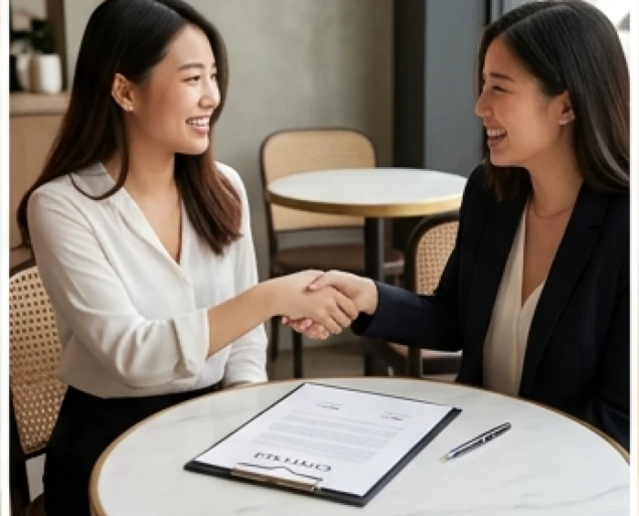 Hai người phụ nữ tự tin bắt tay nhau sau khi ký kết hợp đồng hợp tác trên bàn làm việc ngập tràn ánh sáng