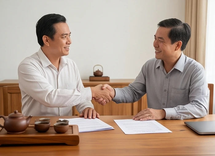 Hai đối tác nam ký kết hợp đồng thương mại trên bàn làm việc gỗ sang trọng